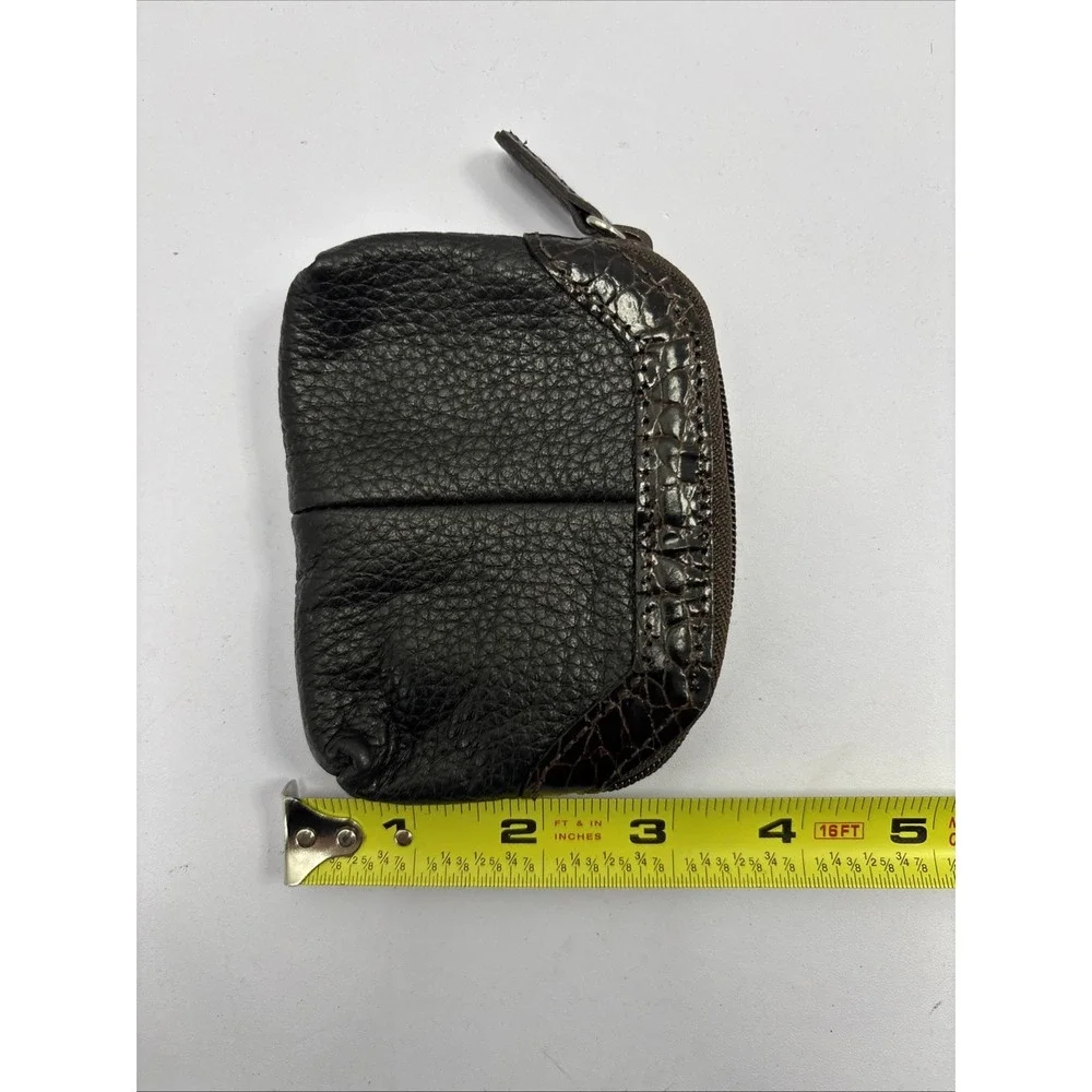 Vtg Brighton Black Leather Zip Coin Change Purse/ Croc Trim And Heart‎